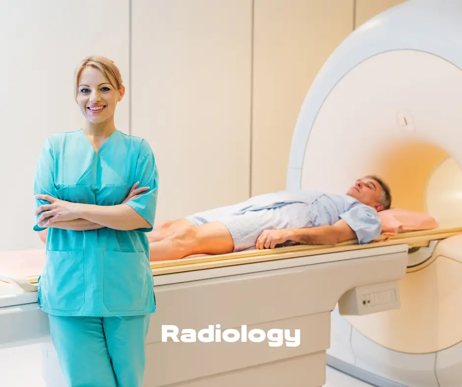 Radiologist standing next to her patient and MRI